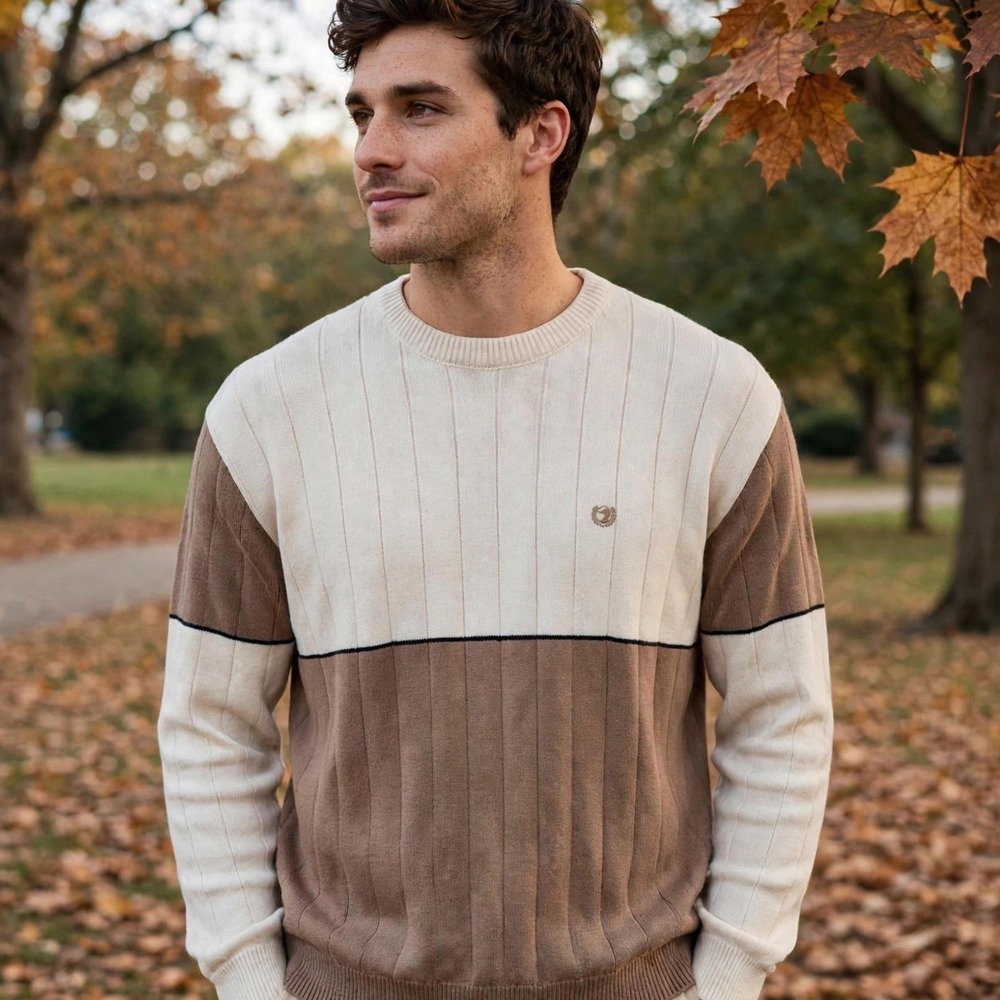 Vintage Duck Head Mens XL Colorblock Cotton Knit Sweater Cream Brown Made in USA